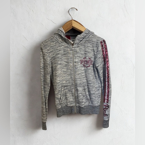 Victoria’a Secret PINK Marled Gray Hoodie Pink Sequins XS - Picture 2 of 10